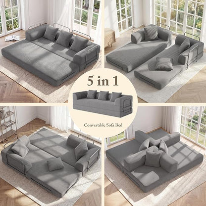 89" Cloud Boneless Convertible Sofa Bed, 5-in-1 Foldable Compressed High-Density Sponge Sofa, Corduroy Fabric 3 Seater Sleeper Couch Futon Daybed for Living Room Bedroom (Gray) | 5-in-1 Foldable