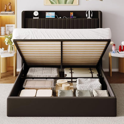 Allewie Queen Size Lift Up Storage Bed Frame,Storage Shelf Headboard with Charging Station,Type-C and USB Ports,Hydraulic Support,Velvet Upholstered Bed Frame,No Box Spring Needed,Black