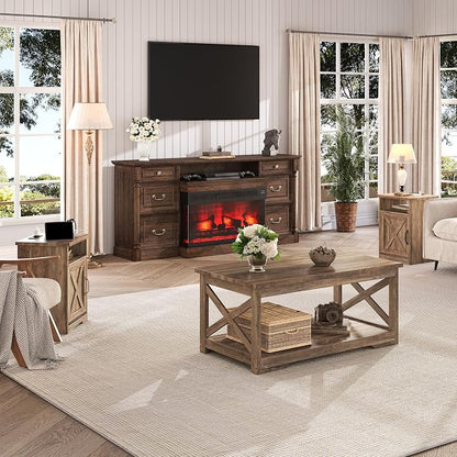 LUXOAK 3-Piece Farmhouse Living Room Table Sets, Includes 1 x Coffee Table, 2 x End Tables with Charging Station & USB Ports, Rustic Coffee Table Set of 3, Barnwood