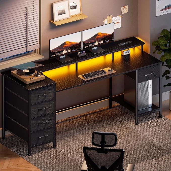 Korfile 61 Inch Computer Gaming Desk with Power Outlets & LED Lights Reversible Home Office Desk with Adjustable 5 Fabric Storage Drawers for Working Writing Study, Black
