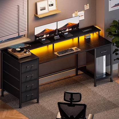 Korfile 61 Inch Computer Gaming Desk with Power Outlets & LED Lights Reversible Home Office Desk with Adjustable 5 Fabric Storage Drawers for Working Writing Study, Black