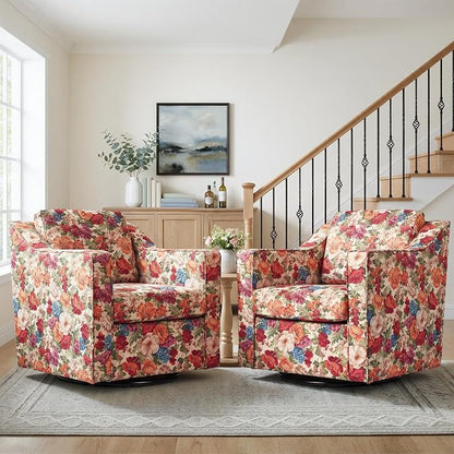 Swivel Accent Chair, Modern Round Barrel Arm Chair for Living Room, Bedroom, Comfy Club Reading Chairs for Adults (Beige Floral, Set of 1)
