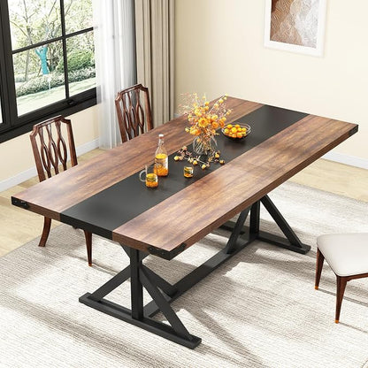 70 INCH Dining Room Table for 4-6 People,Wooden Rectangular Kitchen Table W/Waterproof Thickness Tabletop,Farmhouse Long Dinner Table W/Adjustable Leg for Dining Room,Living Room,Office(Brown&Black)