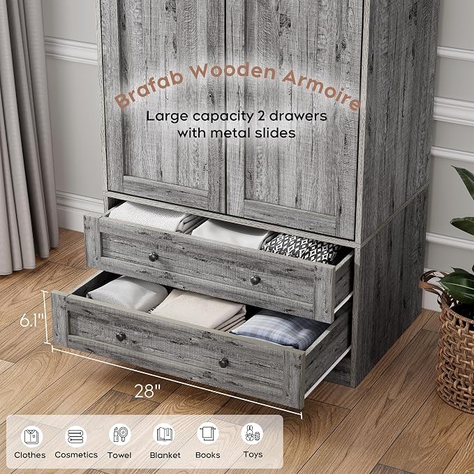Brafab Armoire Wardrobe Closet with 2 Modern Doors Set of 2, 71" Tall Freestanding Closet Wardrobe Cabinet with Drawers and Hanging Rail, Light Wooden Storage Cabinet with Shelve for Bedroom, Grey
