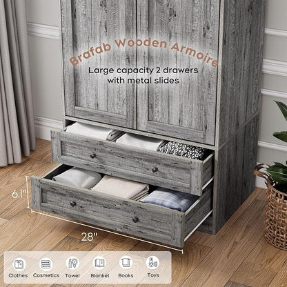 Brafab Armoire Wardrobe Closet with 2 Modern Doors Set of 2, 71" Tall Freestanding Closet Wardrobe Cabinet with Drawers and Hanging Rail, Light Wooden Storage Cabinet with Shelve for Bedroom, Grey