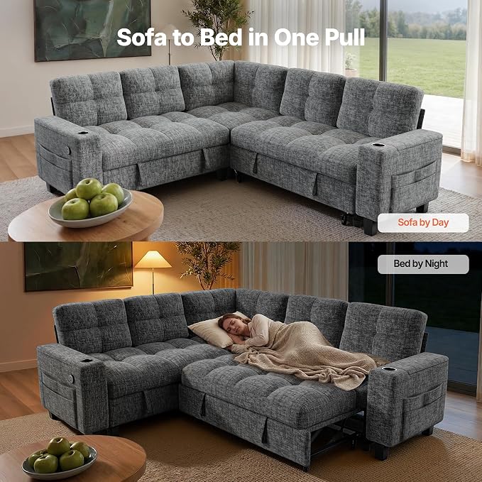 AMADA HOMEFURNISHING 85″ Modular Sectional Sleeper Sofa with Pull Out Couch, U Shaped 5 Seat Sectional Sofa with Storage, USB Ports & Cup Holders, Chenille Cloud Couches for Living Room, Light Gray