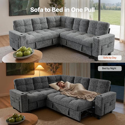 AMADA HOMEFURNISHING 85″ Modular Sectional Sleeper Sofa with Pull Out Couch, U Shaped 5 Seat Sectional Sofa with Storage, USB Ports & Cup Holders, Chenille Cloud Couches for Living Room, Light Gray