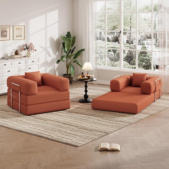 Single Couch Sofa for Small Spaces 2 in 1 Convertible Sofa to Lounger Comfy Bean Bag Chair for Adults with Removable Cover with Pillows for Bedroom, Apartment, Office (Orange, 35.43" Single Sofa)