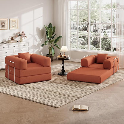 Single Couch Sofa for Small Spaces 2 in 1 Convertible Sofa to Lounger Comfy Bean Bag Chair for Adults with Removable Cover with Pillows for Bedroom, Apartment, Office (Orange, 35.43" Single Sofa)