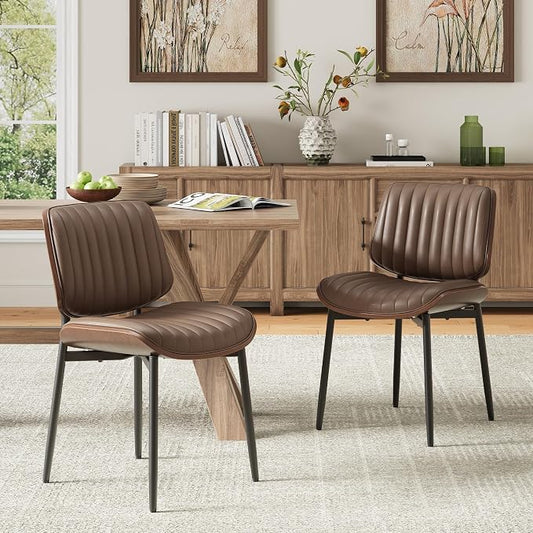 MALOL Leather Dining Chairs Set of 2, Modern Upholstered Dining Room Kitchen Chairs with Metal Legs and Wooden Back Support for Home Dining Room/Restaurant, Brown