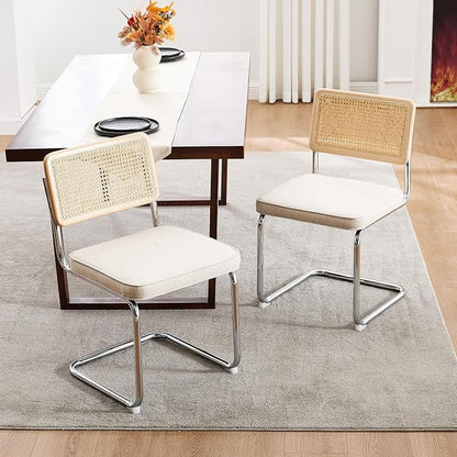 Zesthouse Natural Rattan Dining Chairs Set of 2, Mid Century Modern Dining Chairs with Solid Wood Back & Chrome Base, for Kitchen Living Room, Breuer Design Inspired, Upholstered Linen Fabric, Beige
