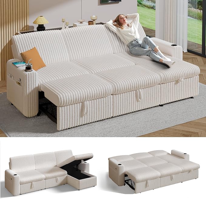 Sunny Heart 101" Plush Corduroy L Shaped Sectional Sleeper Sofa Bed with Pull Out Bed, Reclining Backrest, Reversible Storage Chaise, USB Ports, Cup Holders, Tool Free Assembly, Beige