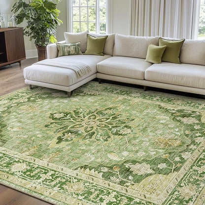 RELEANY Area Rugs 7'x10' Washable Non-Slip, Floral Vintage Distress Medallion Carpet for Living Room Bedroom Dining Room, Sage Green Yellow