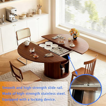 Wildhome Extendable Round Dining Table for 2-4-6, 59 Inch Dining Room Kitchen Table with 2-Tier Storage Shelf, Modern Farmhouse Fluted Wood Slide Door Dinner Furniture,Oval Circle,Walnut-59 Inch