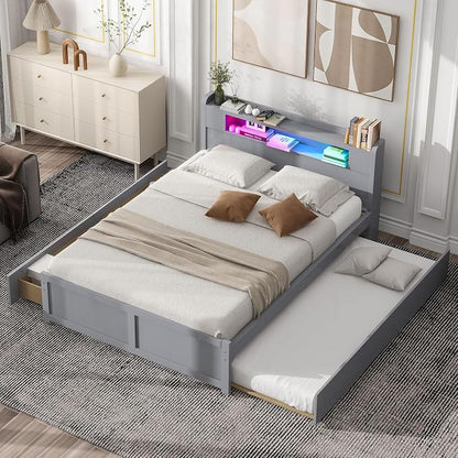 GDFStudio Queen Size Storage Bed with LED Headboard, 2 Drawers and Twin Trundle, Modern Wooden Platform Bed Frame for Bedroom Organization, No Box Spring Needed, Easy Assembly, Gray