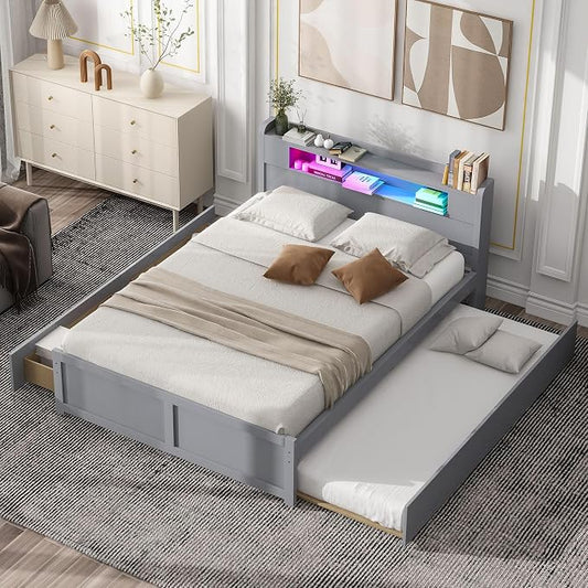 GDFStudio Queen Size Storage Bed with LED Headboard, 2 Drawers and Twin Trundle, Modern Wooden Platform Bed Frame for Bedroom Organization, No Box Spring Needed, Easy Assembly, Gray