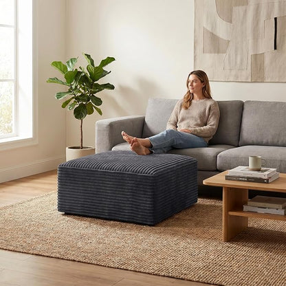 Oversized Boneless Ottoman for Living Room – Plush Square Corduroy Upholstered Couch Ottoman, Modern Low-Profile Footrest for Sectional & Modular Sofa-Black