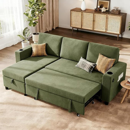 KISLOT 84 Inch Sectional Sleeper Sofa with Pull Out Bed Convertible 2 in 1 Couch with Storage Chaise & USB Charging Comfy L Shaped Modular Couches for Living Room Apartment(2 Box)