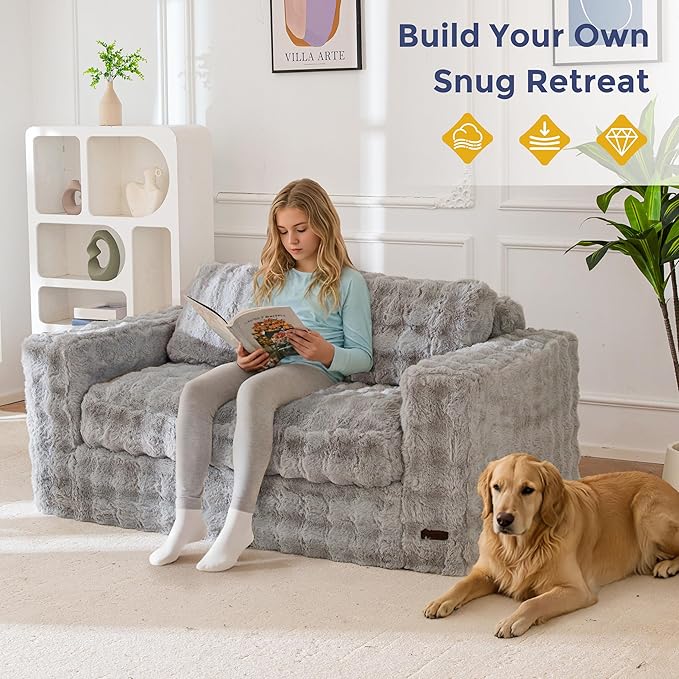 MAXYOYO Loveseat Sofa for Living Room, Small Sofa Couch Tufted Boneless Couch, Comfy Bean Bag Chair for Small Space Bedroom Apartment, No Assembly Needed, Grey