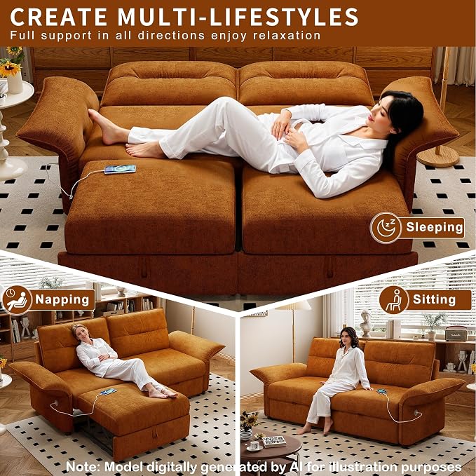 85'' Sofa Bed Full, Assembly, 3 in 1 Sleeper Sofa Beds, Flannel Pull Out Couch for Living Room, Charging & Adjustable Armrest, Comfy Loveseat for Small Space, Flannel Orange