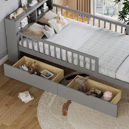 Kids Twin Size Bed Frame with Storage Drawers and Bookcase,Wood Twin Bed Frames for Kids,Twin Bed Frame with Headboard and Footboard for Boys Girls,No Box Spring Needed,Gray