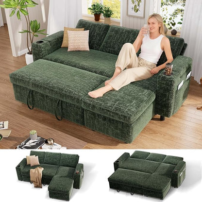 Vipbear Sectional Sleeper Sofa with Pull Out Bed, 82" L Shaped Couch Sleeper Sofa with Reclining Backrest/Reversible Storage Chaise/Armrest Storage/Cup Holder/Side Pocket, Tool-Free Assembly, Green