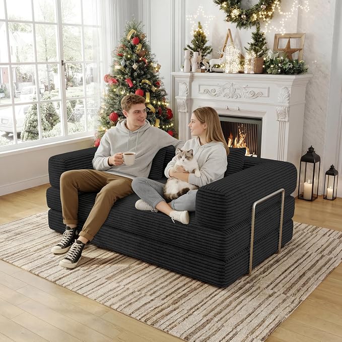 BSHOMGI 59 Inch Convertible Sofa Bed, 4-in-1 Futon Sofa Bed Pull Out Sleeper Couch, Modular Couches Bed for Living Room, Corduroy Boneless Loveseat for Bedroom, Apartment, No Assembly, Black, 2 Seat