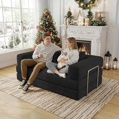 BSHOMGI 59 Inch Convertible Sofa Bed, 4-in-1 Futon Sofa Bed Pull Out Sleeper Couch, Modular Couches Bed for Living Room, Corduroy Boneless Loveseat for Bedroom, Apartment, No Assembly, Black, 2 Seat