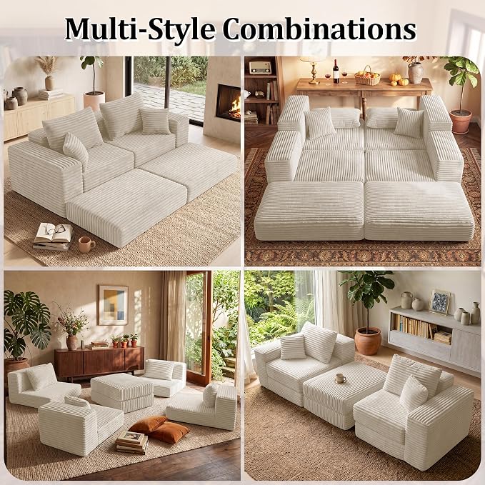 75'' L-Shaped Cloud Modular Sectional Couch with Chaise, Modern Corduroy Memory Foam Sofa Bed, Upholstered Boneless Deep Seat Fluffy Sleeper Sofa, for Living Room, No Assembly Needed (Beige)