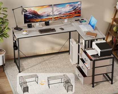 YOSHOOT 55" L Shaped Computer Desk with 3 Fabric Drawers, Gaming Desk | Office Desk with Power Outlets & Open Shelves, Corner Desk L Shape for Home Office Work Study, Grey