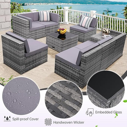 KROFEM 8-Piece Patio Furniture Set, Outdoor Wicker Rattan Sectional with Thick Cushions, Glass Top Table with Hidden Storage, Outdoor Conversation Set for Backyard, Porch, Patio, Grey