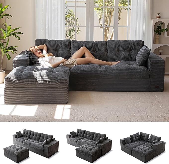 MAXYOYO 104" L Shaped Modular Sectional Sofa with Ottoman, Cloud Boneless Couch with Layered Cushion, Upholstered Sofa Flexible Module Combination for Living Room, No Assembly, Dark Grey