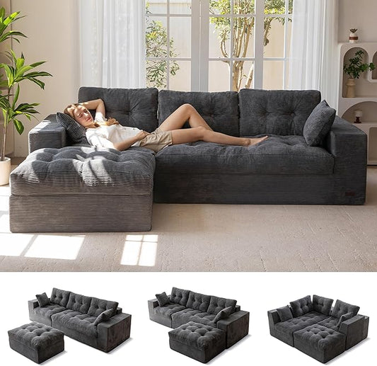 MAXYOYO 104" L Shaped Modular Sectional Sofa with Ottoman, Cloud Boneless Couch with Layered Cushion, Upholstered Sofa Flexible Module Combination for Living Room, No Assembly, Dark Grey