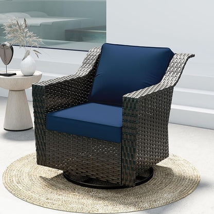 Outdoor Furniture Swivel Chair, Patio Glider Wicker Rocker Seating with Cushions for Porch Deck Balcony (Blue)