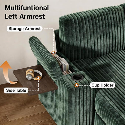 Vipbear 111" Modular Sectional Sleeper Sofa with Pull Out Bed, 7 Seat Corduroy L Shaped Couch with Ottoman|USB Ports|Cup Holders|Side Table|Storage Armrest, Tool Free Assembly, Green