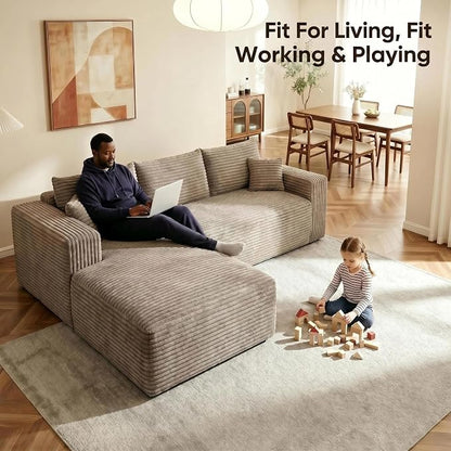 JINGLING 94" L Shape Couch with Left Chaise, Memory Foam Boneless Sectional Sofa in a Box, No Assembly Modular Small Couches for Small Spaces, Living Room, Apartments, Plush Corduroy, Camel