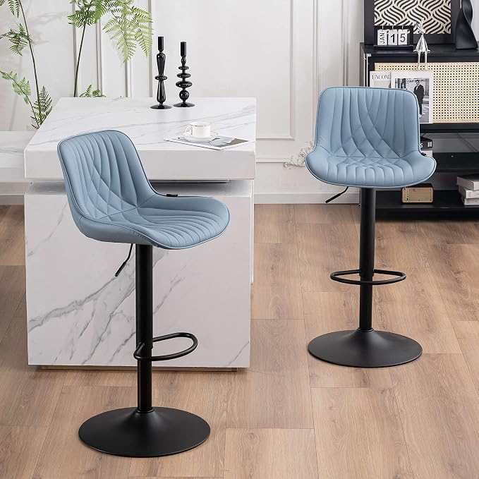 YOUTASTE Blue Bar Stools Set of 2 Adjustable Swivel Modern Barstools Luxury Upholstered Faux Leather Bar Stool Counter Height Metal Chairs with Back for Home Kitchen Island
