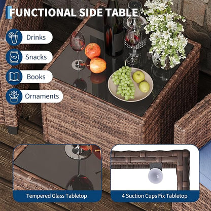 GarveeLife 3 Pieces Patio Furniture Set, PE Rattan Patio Conversation Set with Tempered Glass Tabletop, Outdoor Wicker Chairs and Table Set for Patio Balcony Garden, Brown & Blue