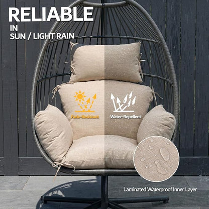 Egg Chair Cushion with 8 Securing Straps, Water-Repellent & Fade-Resistant Faux Linen, Removable Cover, Replacement Cushion for Most Single Outdoor Hanging Swing Egg Chairs – Beige