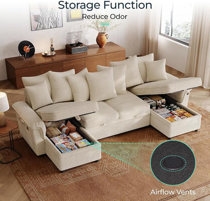 LINSY HOME Oversized Sectional Sleeper Sofa with Pull Out Couch Bed (Beige, 118.5'') | USB Charging