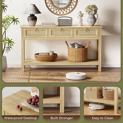 SUPERJARE Rattan Console Sofa Table with Outlets and USB-C Port, 3 Drawer Entryway Table with Synthetic Rattan Surface, Open Shelf, Behind Couch Entry Foyer Hallway Storage, Natural
