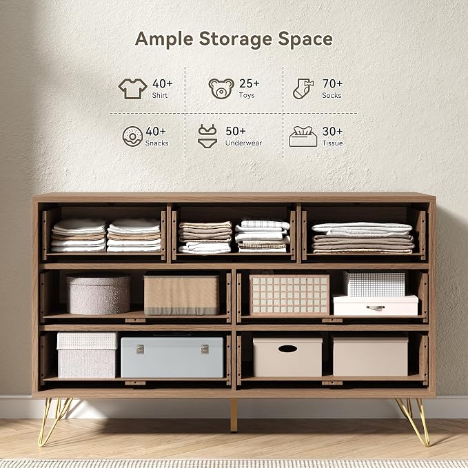 Fluted 7 Drawers Dresser for Bedroom, Wood Dressers with Scratch-Proof Golden Handles, Natural Curved Profile, Modern Chest for Living Room, Hallway, Entryway, Natural Oak