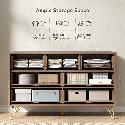 Fluted 7 Drawers Dresser for Bedroom, Wood Dressers with Scratch-Proof Golden Handles, Natural Curved Profile, Modern Chest for Living Room, Hallway, Entryway, Natural Oak