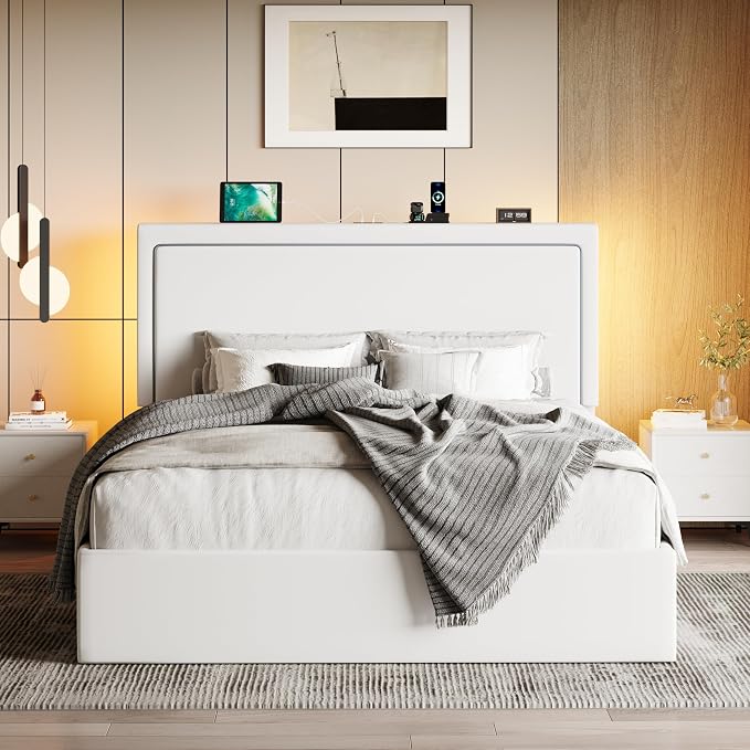 SHA CERLIN Full Size Hydraulic Lift-Up Storage Platform Bed Frame with Charging Station, RGB LED Lights, Adjustable Velvet Headboard, USB-A and USB-C Ports, No Box Spring Needed, White