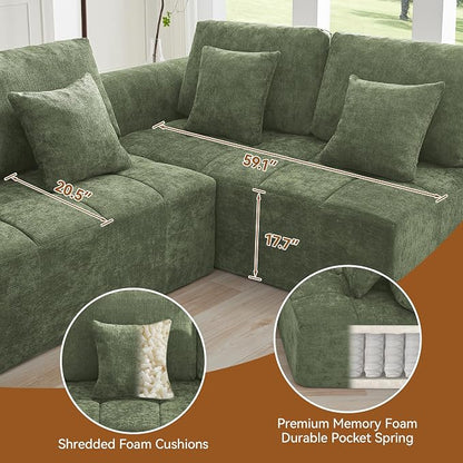 140''Modular Sectional Couches for Living Room, Cloud Boneless Compressed Sectional Sofa, Oversized L Shaped 7 Seater Upholstered Memory Foam Sofa, No Assembly, Chenille Green