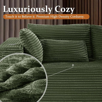 108" Cloud Sectional Couch, Comfort Sleep Sofa for Living Room, Extra Deep Seats No Assembly, Minimalist Modular Couch, Corduroy (Olive Green, Widen Loveseat Chaise)