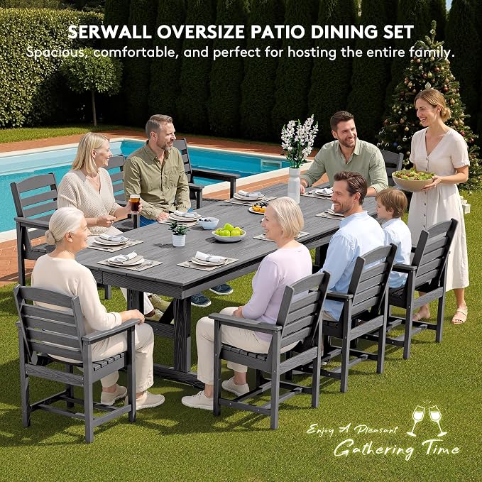 SERWALL 10 Piece 84" HDPE Outdoor Dining Set for 8 with 15ft Double-Sided Umbrella, Gray
