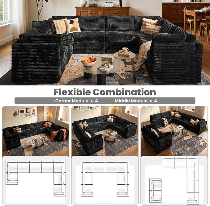 ovios Modular Sectional Sofa Couch with U-Shape Chaise Oversized, Comfy Plush Corduroy Cloud Couches, Modern Luxury Deep Seat Sofas Set for Living Room, 8-Seater, Black