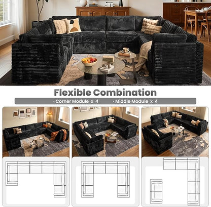 ovios Modular Sectional Sofa Couch with U-Shape Chaise Oversized, Comfy Plush Corduroy Cloud Couches, Modern Luxury Deep Seat Sofas Set for Living Room, 8-Seater, Black