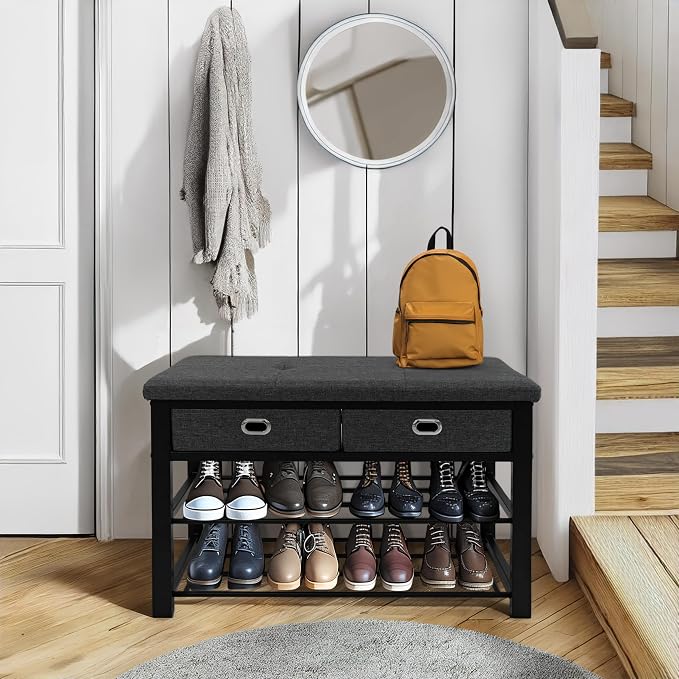Finnhomy Entryway Shoe Rack with Cushioned Seat, Shoe Bench for Entry, 3-Tier Shoe Storage Organizer with 2 Drawers, Gray